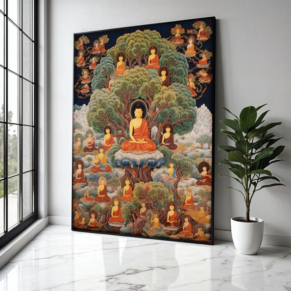 Sacred Buddha Bodhi Tree Thangka Many Buddhas Night Sky Art Poster