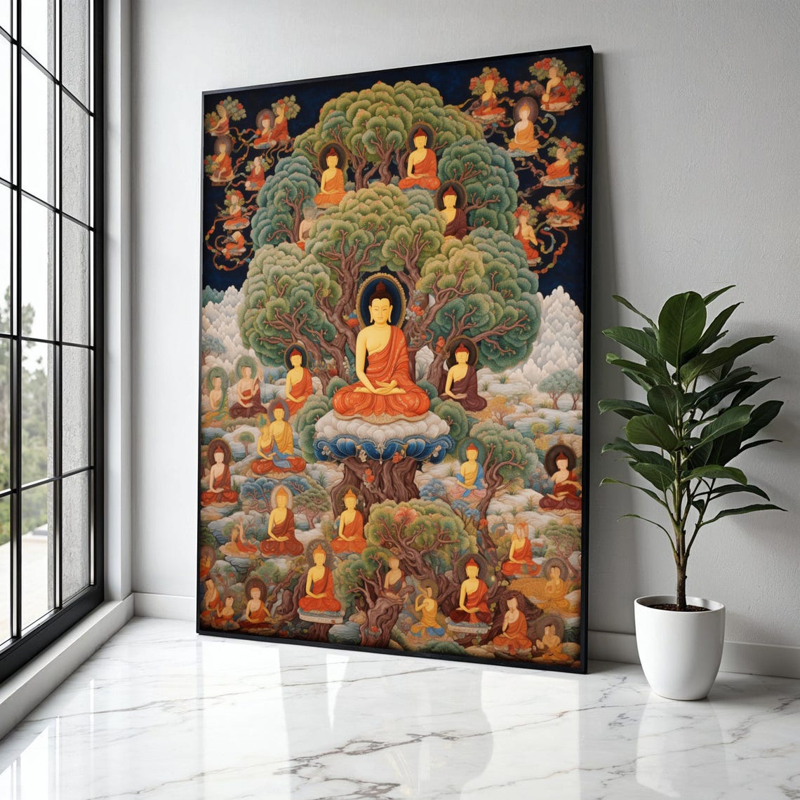 Sacred Buddha Bodhi Tree Thangka Many Buddhas Night Sky Art Poster