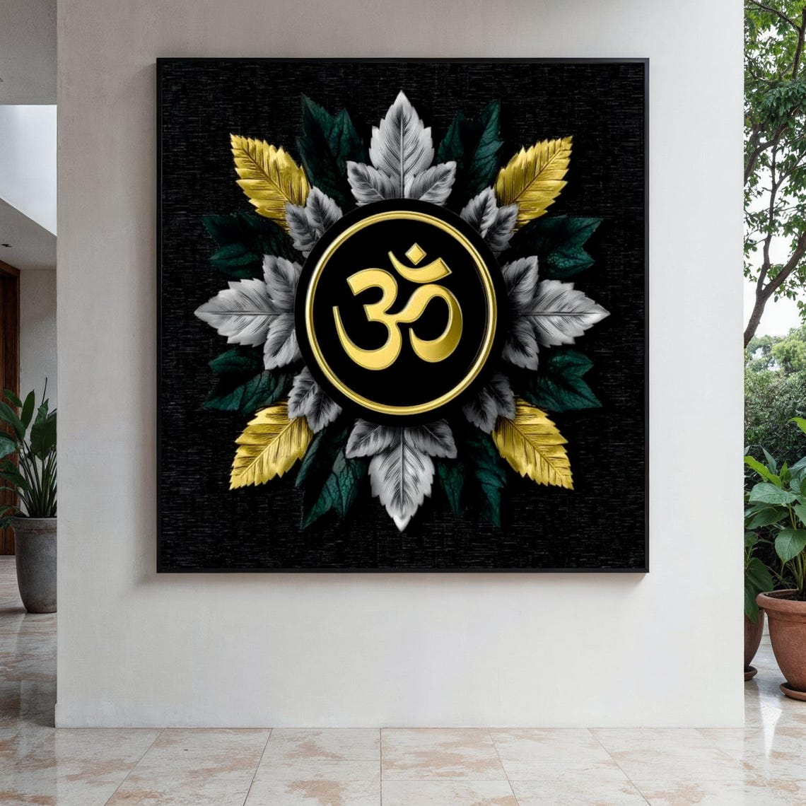 Sacred Golden Om Symbol Medallion With Gold Silver Leaves Wall Art