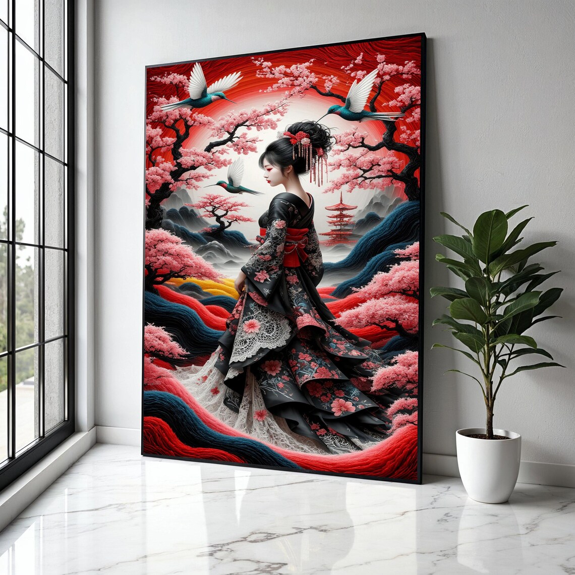 Geisha Cherry Blossom Garden Hummingbirds Waves Pagoda Japanese Poster