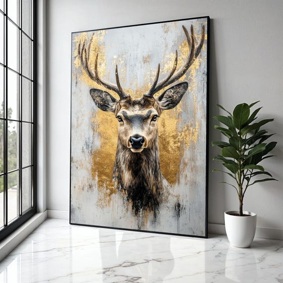 Majestic Deer Portrait Canvas Golden Abstract Background Rustic Wildlife Wall Art Nature Animal Decoration Gift Home Decor Print
