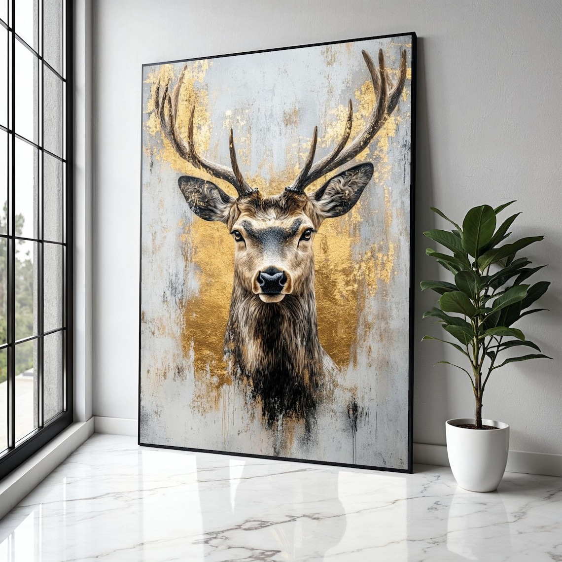 Majestic Deer Stag Portrait Gold Leaf Rustic Wildlife Nature Poster