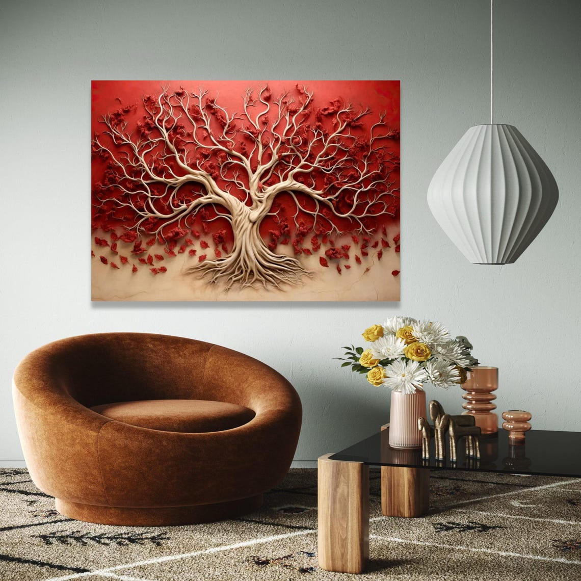 Tree of Life with Red Blossoms Textured 3D Relief Style Art Poster