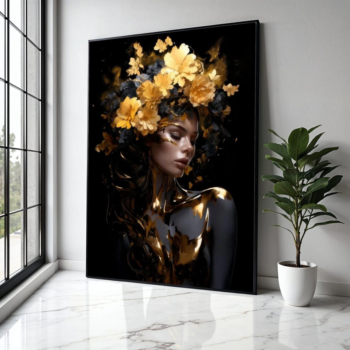 Gold Floral Crown Woman Black Background Luxury Dark Art Poster