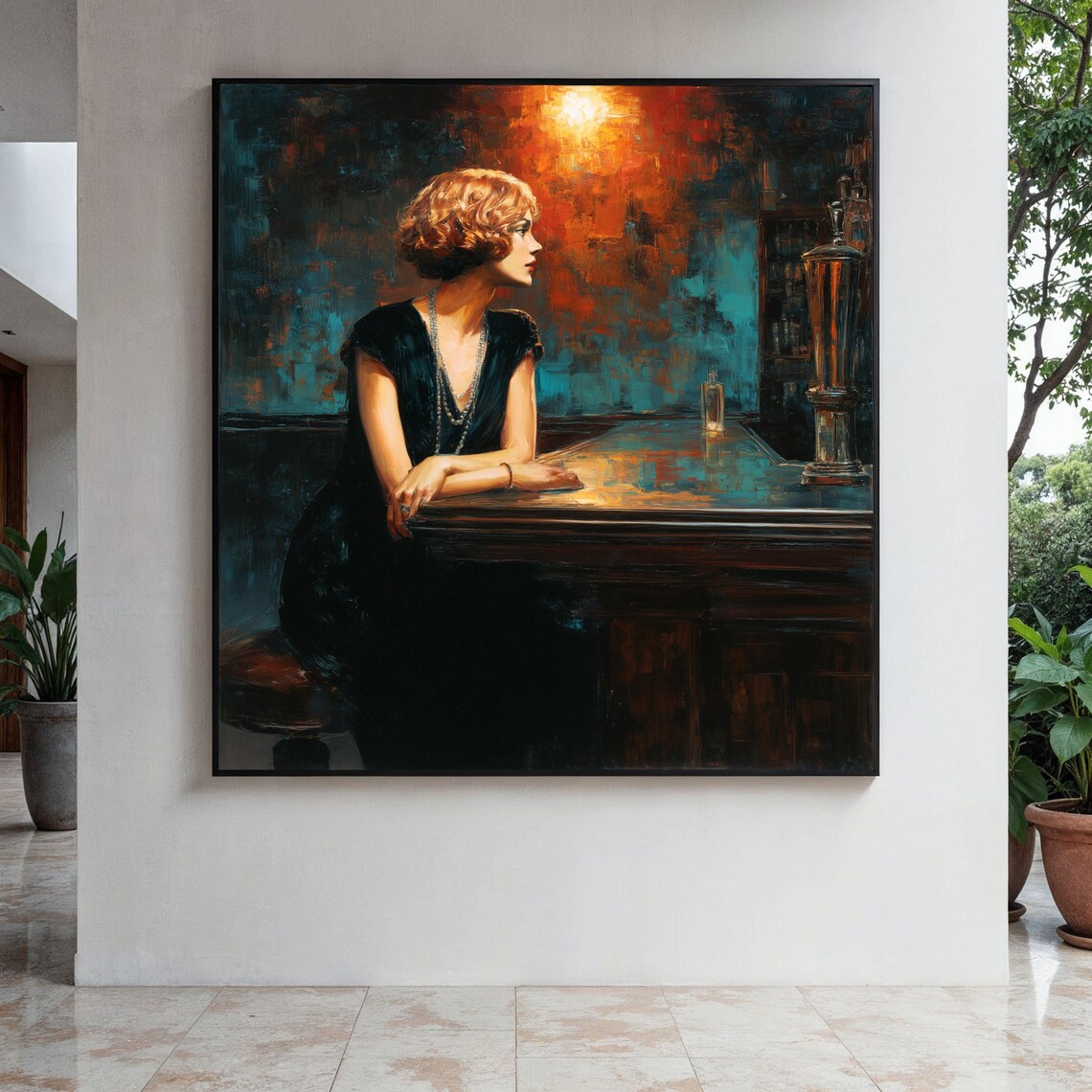Vintage Redhead Woman Sitting At A Bar In A Retro Bar Scene Painting Poster