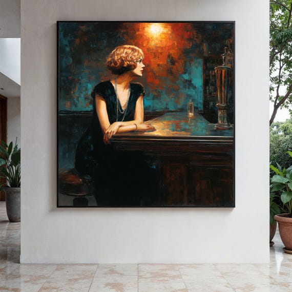 Vintage Elegant Woman Portrait Canvas Retro Bar Scene Wall Art Moody Interior Painting Classic 1920s Style Gift Home Decor Print