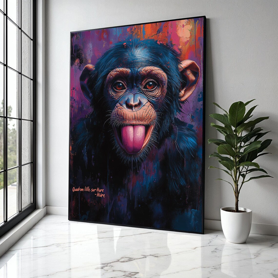 Playful Chimpanzee Sticking Tongue Out Neon Graffiti Animal Poster