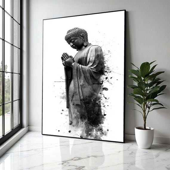 Serene Buddha Statue Canvas Wall Art Black And White Spiritual Decor Praying Illustration Meditation Gift Home Print