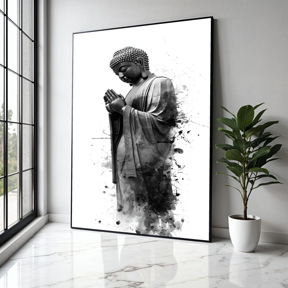 Serene Buddha Statue Canvas Wall Art Black And White Spiritual Decor Praying Illustration Meditation Gift Home Print