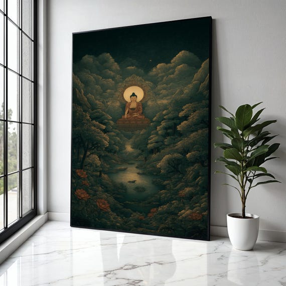 Serene Buddha Meditation Canvas Spiritual Wall Art Zen Forest Landscape Tranquil River Scene Peaceful Home Gift Decor Print