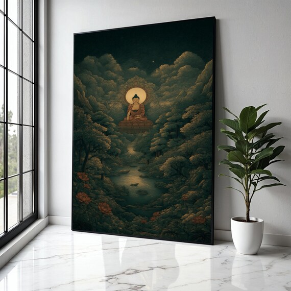 Serene Buddha Meditation Zen Forest River Landscape Spiritual Art Poster