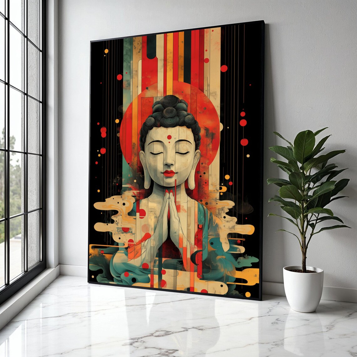 Praying Buddha Retro Sun Stripes Japanese Style Spiritual Poster