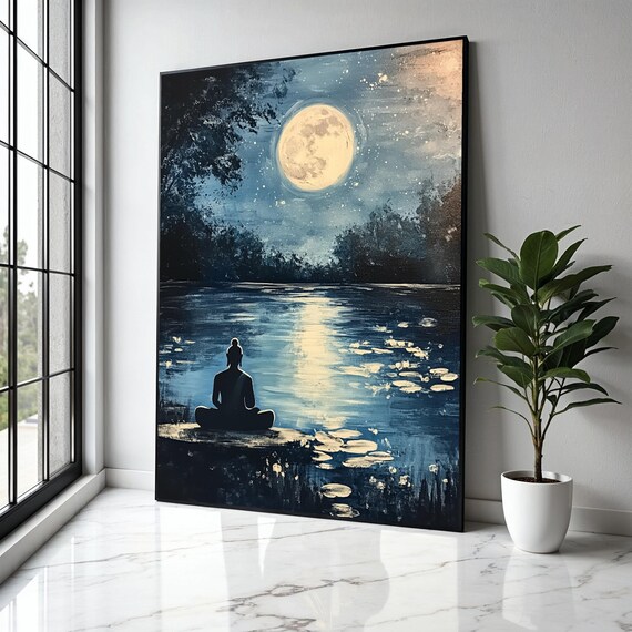 Buddha Silhouette Moonlit Lake Full Moon Reflection Zen Poster