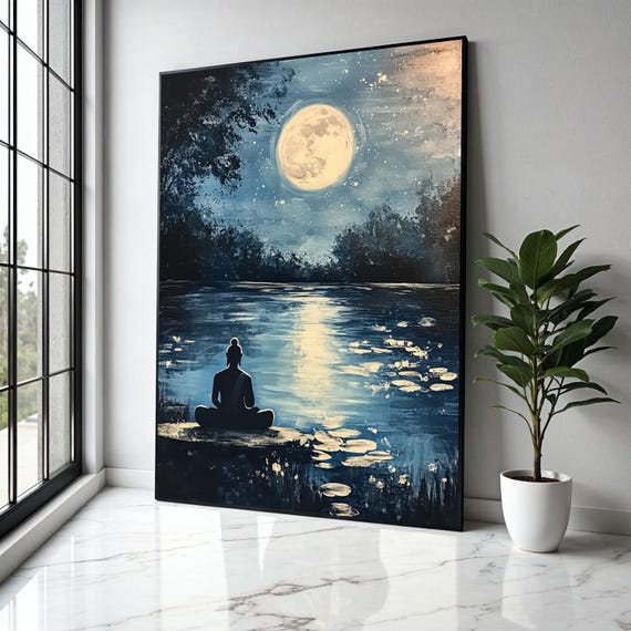 Serene Buddha Meditation Canvas Full Moon Reflection Wall Art Tranquil Night Landscape Zen Home Decor Gift Print