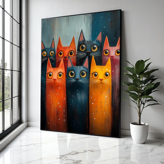 Big Eyed Cats Colorful Whimsical Feline Friends Night Sky Poster