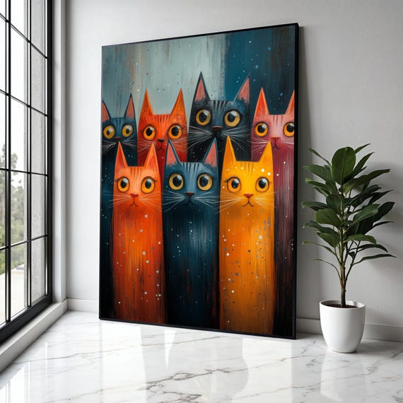 Whimsical Cat Portraits Canvas Colorful Feline Wall Art Playful Cats Illustration Modern Animal Decor Gift Home Print