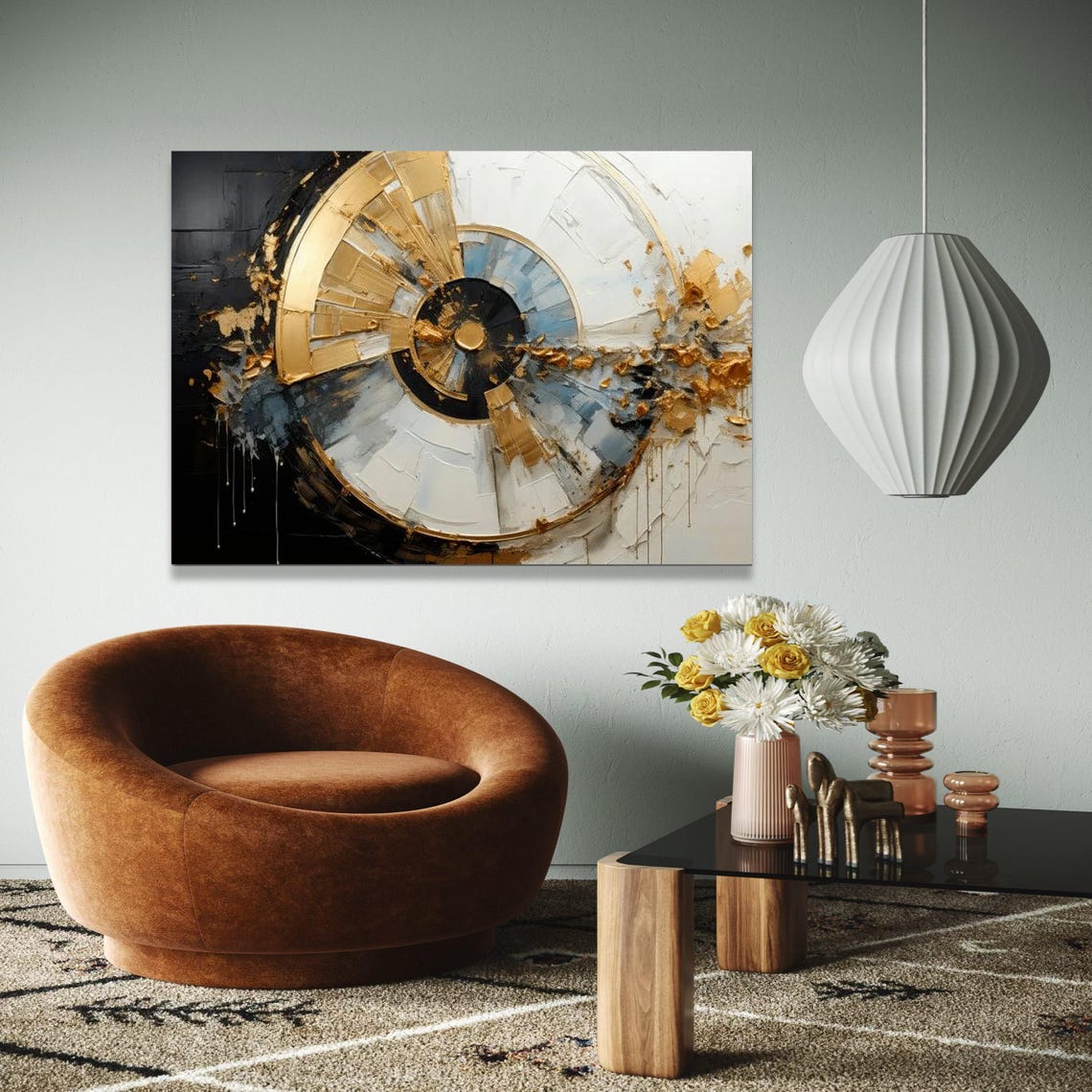 Gold Black White Circular Abstract Art Elegant Round Design Poster