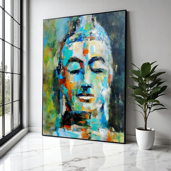 Colorful Abstract Buddha Face Impasto Turquoise Orange Poster