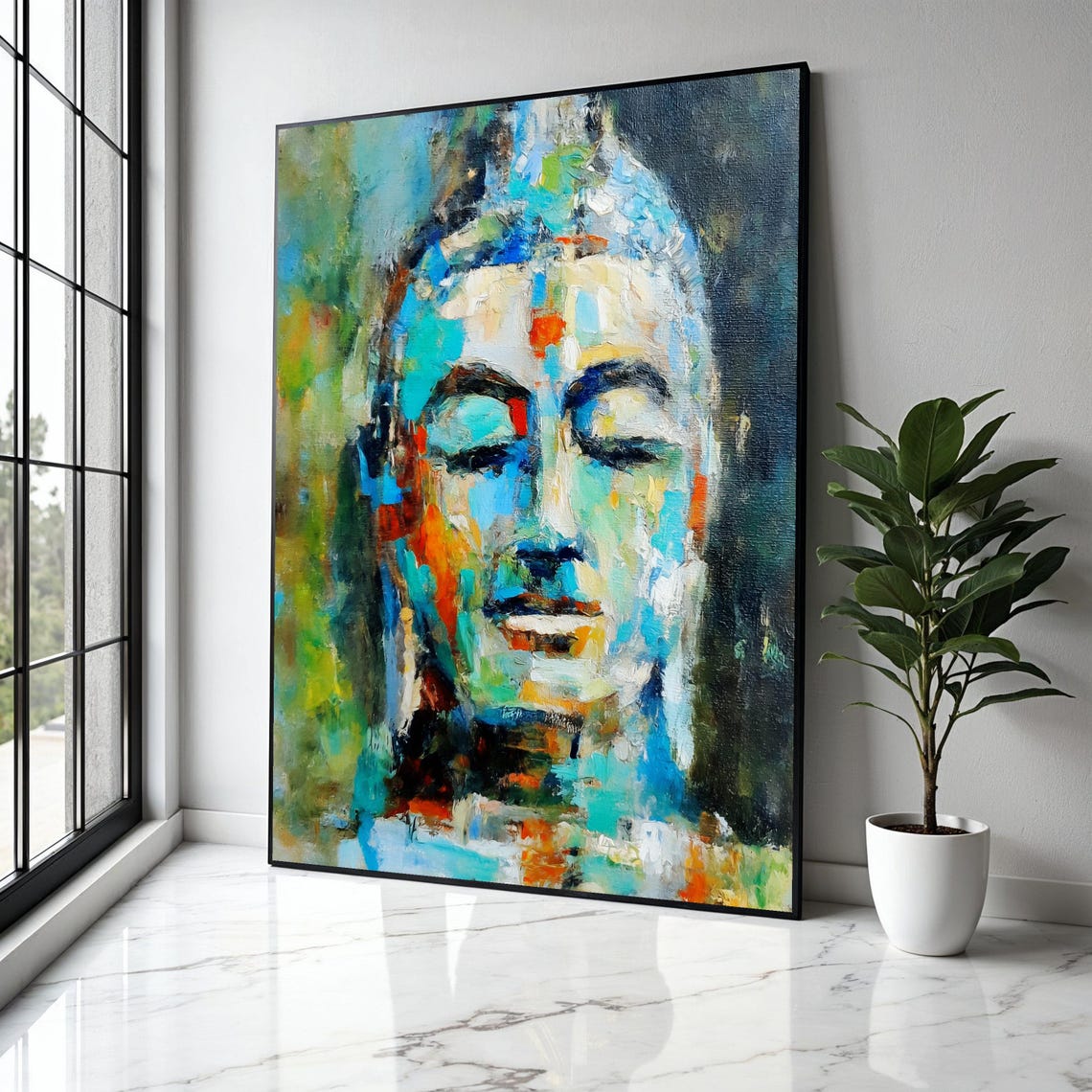 Colorful Abstract Buddha Face Impasto Turquoise Orange Poster