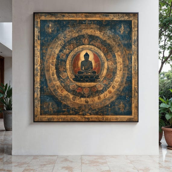 Vintage Buddha Mandala Canvas Wall Art Meditation Spiritual Decor Antique Style Buddhist Circle Zen Home Gift Print