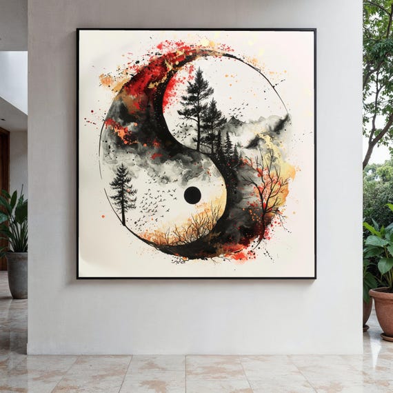 Yin Yang Forest Landscape Canvas Abstract Nature Wall Art Spiritual Harmony Decor Black Red Gold Tree Gift Home Print