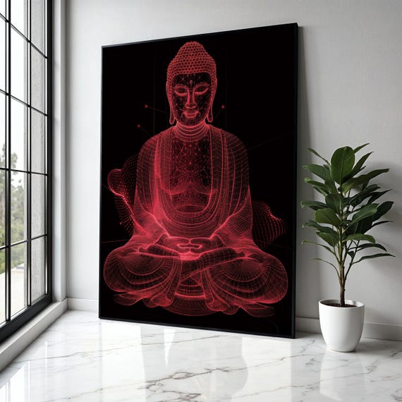 Red Buddha Wireframe Modern Meditation Canvas Spiritual Wall Art Zen Mindfulness Decor Abstract Gift Home Print