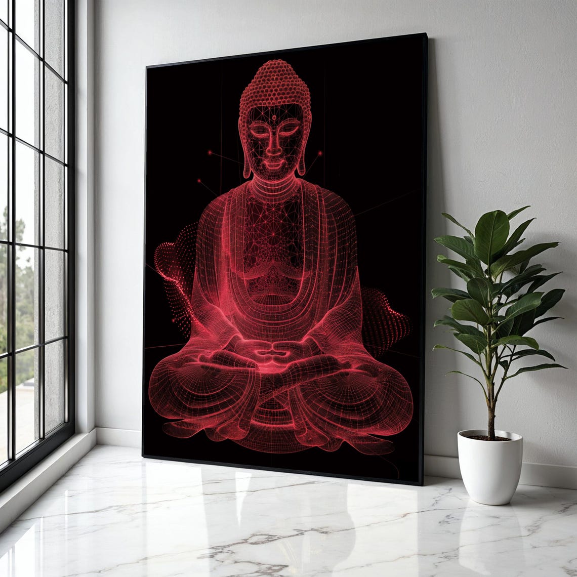 Red Neon Wireframe Buddha On Black Futuristic Digital Art Poster