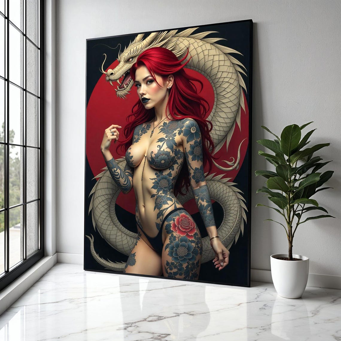 Red Haired Woman With Floral Tattoos And White Dragon Art Poster