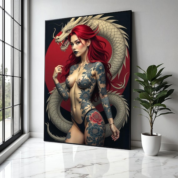 Japanese Dragon Tattoo Woman Canvas Red Hair Art Floral Body Design Japon Style Wall Modern Asian Gift Home Decor Print