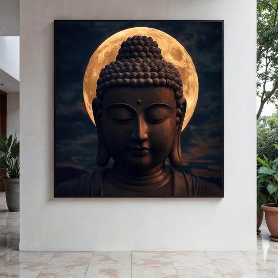Serene Buddha Statue Canvas Full Moon Background Wall Art Spiritual Meditation Decor Zen Buddhist Gift Home Print