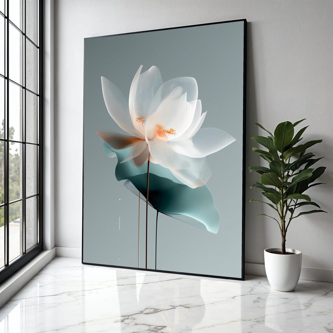 Elegant White Translucent Lotus Minimalist Botanical Sage Poster
