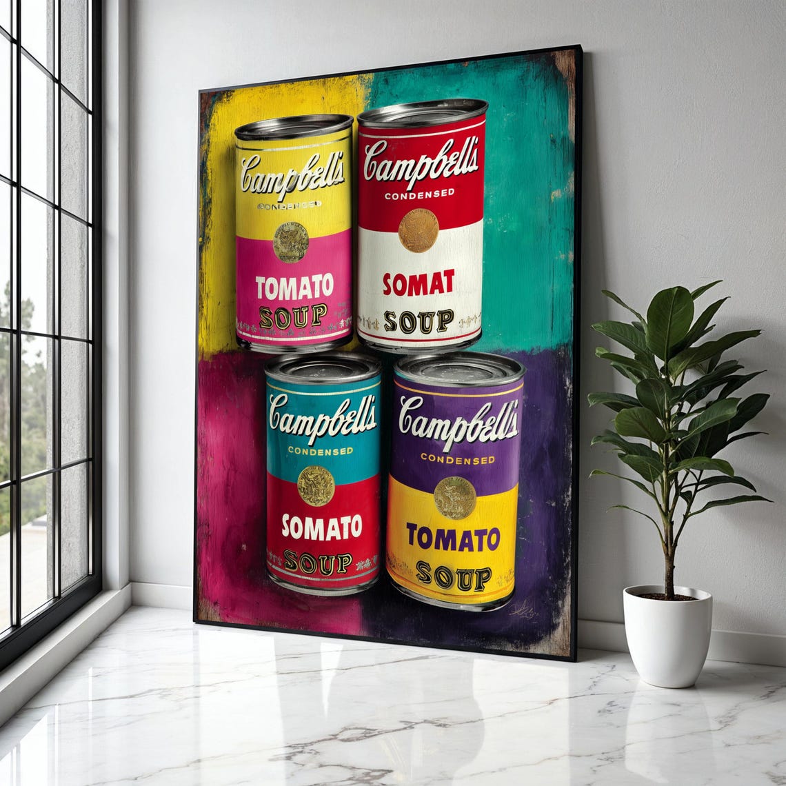 Colorful Pop Art Tomato Soup Cans Retro Kitchen Decor Poster