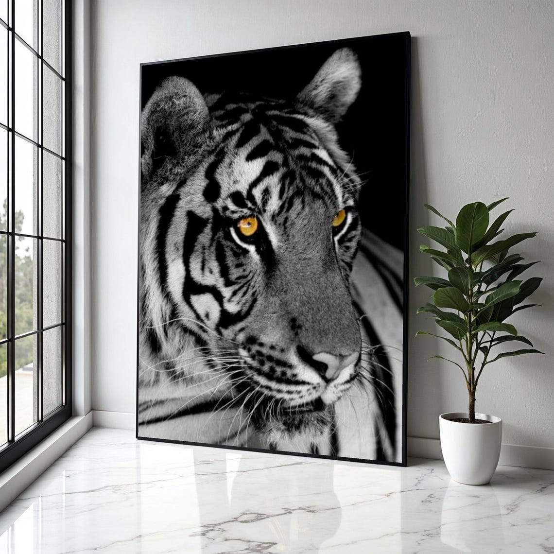 Majestic Tiger Closeup Amber Eyes Black White Wildlife Poster