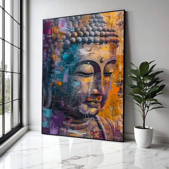 Vivid Abstract Buddha Face Teal Orange Purple Modern Spiritual Art Poster