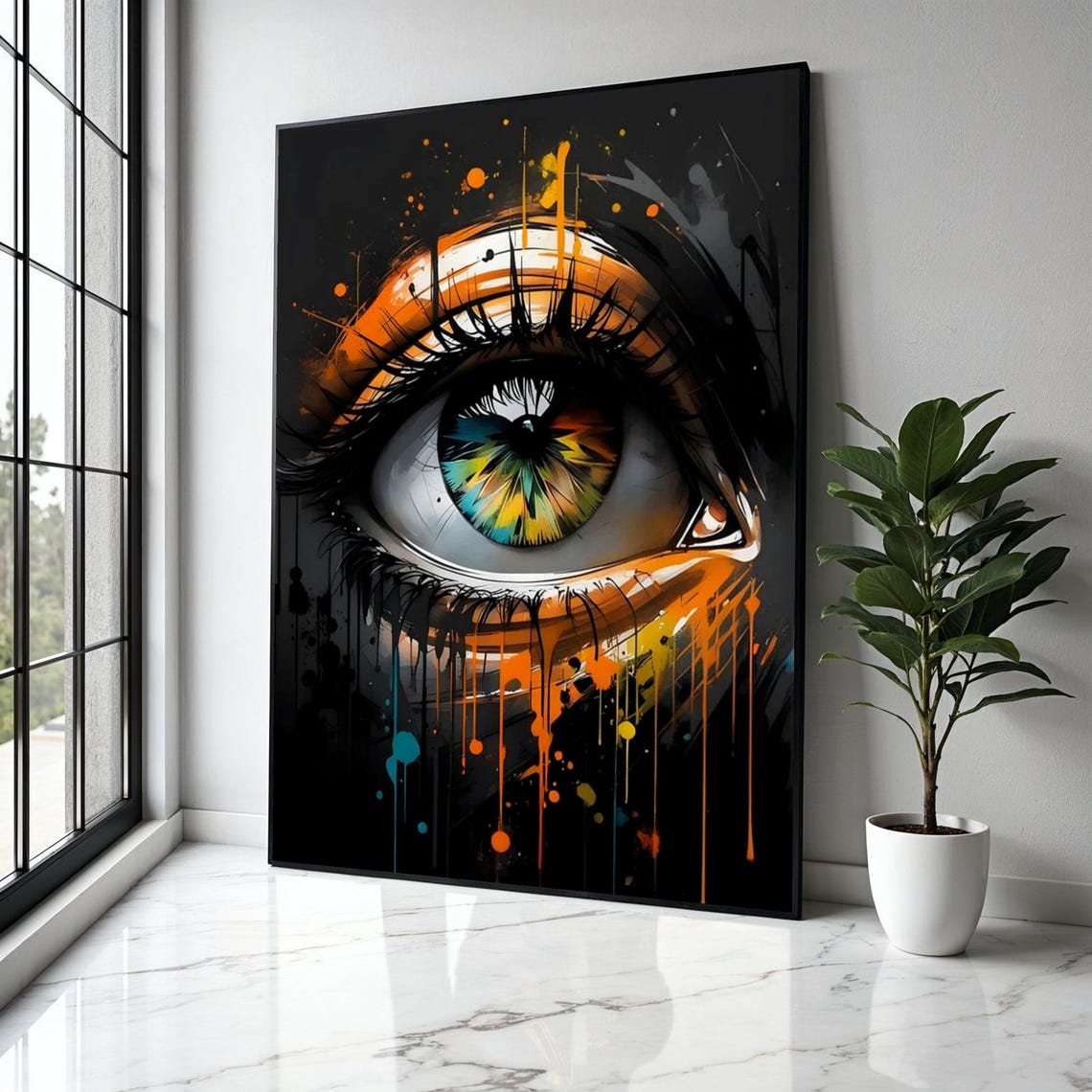 Colorful Eye Orange Paint Drips Black Background Street Art Poster