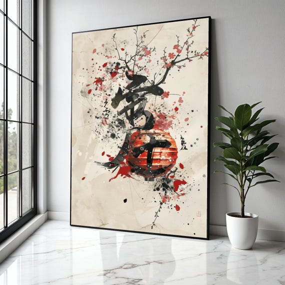 Japanese Lantern Canvas Wall Art Ink Splash Cherry Blossom Painting Asian Calligraphy Print Modern Oriental Gift Home Decor