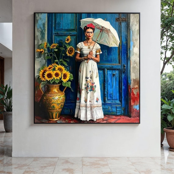 Frida Inspiration With Sunflowers Mexican Style Canvas Wall Art Vintage Door Background Cultural Portrait Gift Home Decor Print