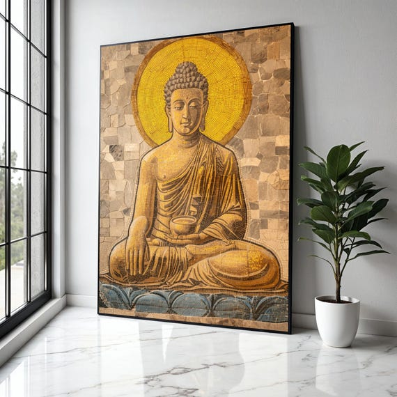 Golden Buddha Mosaic Canvas Meditation Wall Art Spiritual Home Decor Zen Statue Gift Print