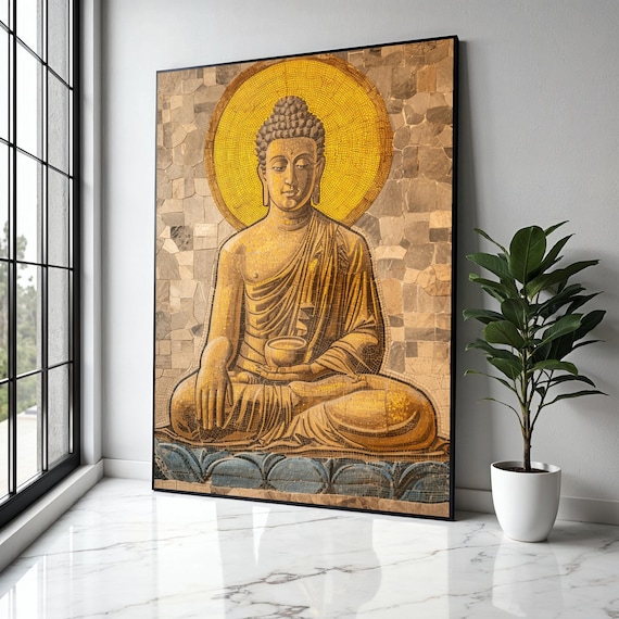 Golden Buddha Mosaic Halo Stone Wall Sacred Meditation Art Poster