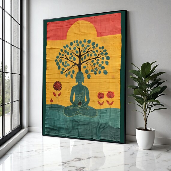 Buddha Under Bodhi Tree Sun Batik Tapestry Sunset Colors Poster