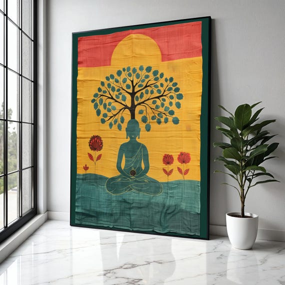 Meditating Buddha Under Tree Canvas Spiritual Wall Art Zen Meditation Decor Mindfulness Artwork Peaceful Gift Home Print