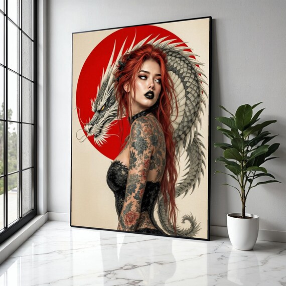 Redhaired Woman With Dragon Japanese Art Canvas Tattoo Style Wall Asianinspired Decor Bold Modern Gift Home Print