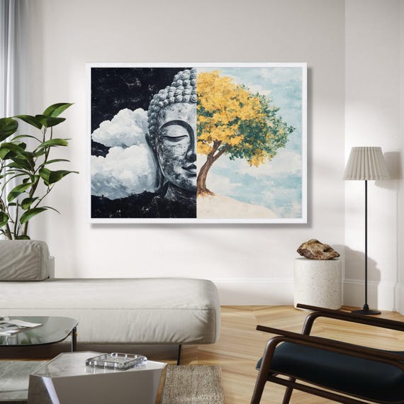 Half Buddha Face And Yellow Tree Canvas Wall Art Spiritual Zen Decor Meditation Nature Landscape Modern Gift Home Print