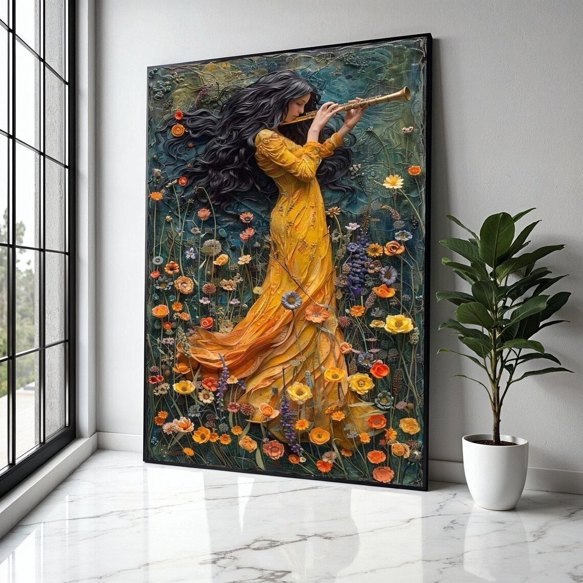 Woman Playing A Flute In A Lush Wildflower Garden Impasto Art Poster