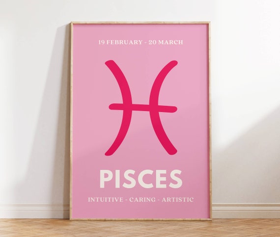 Preppy Pisces Print Pink And White Star Sign Poster Pisces Wall Art Dorm Room Decor Zodiac Art Pisces Girl Birthday Gift