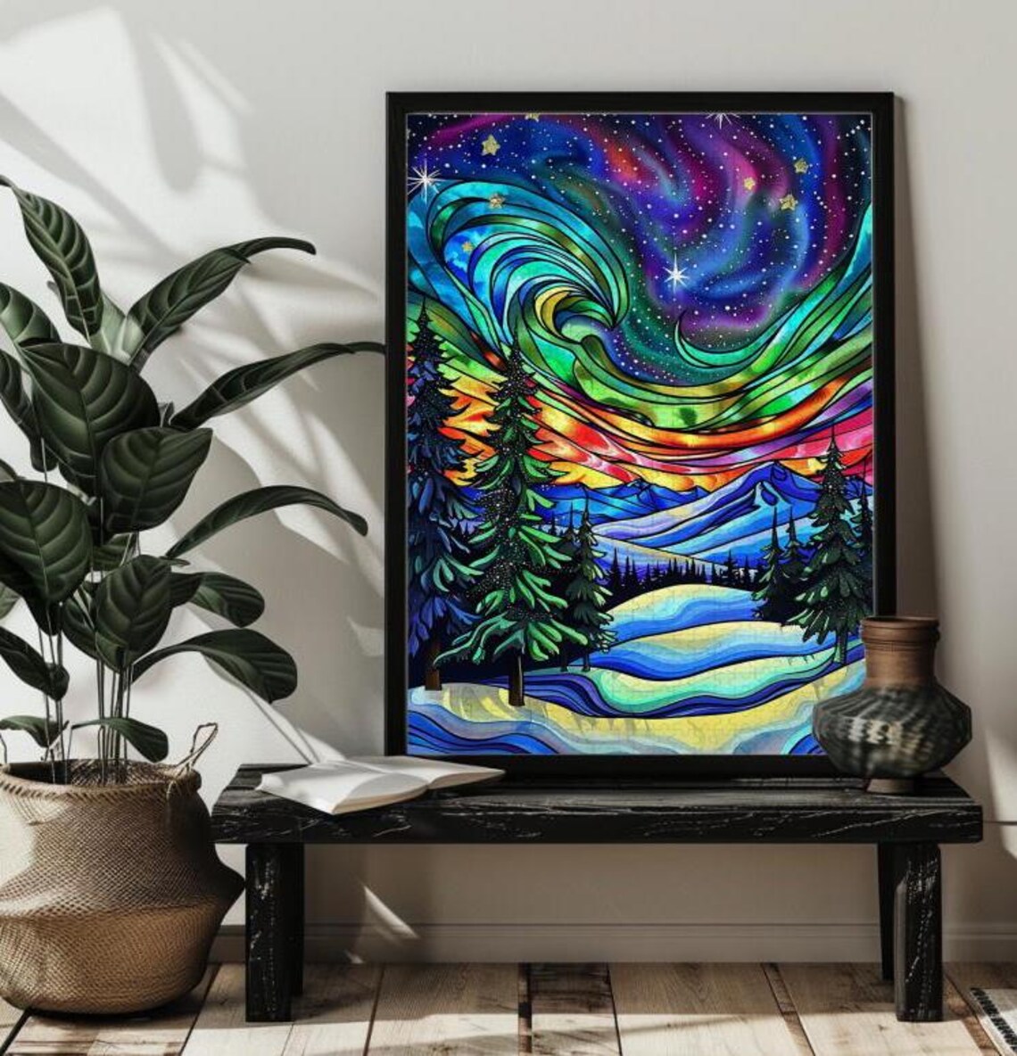 Northern Lights Stained Glass Art Print, Forest Aurora - Image 4
