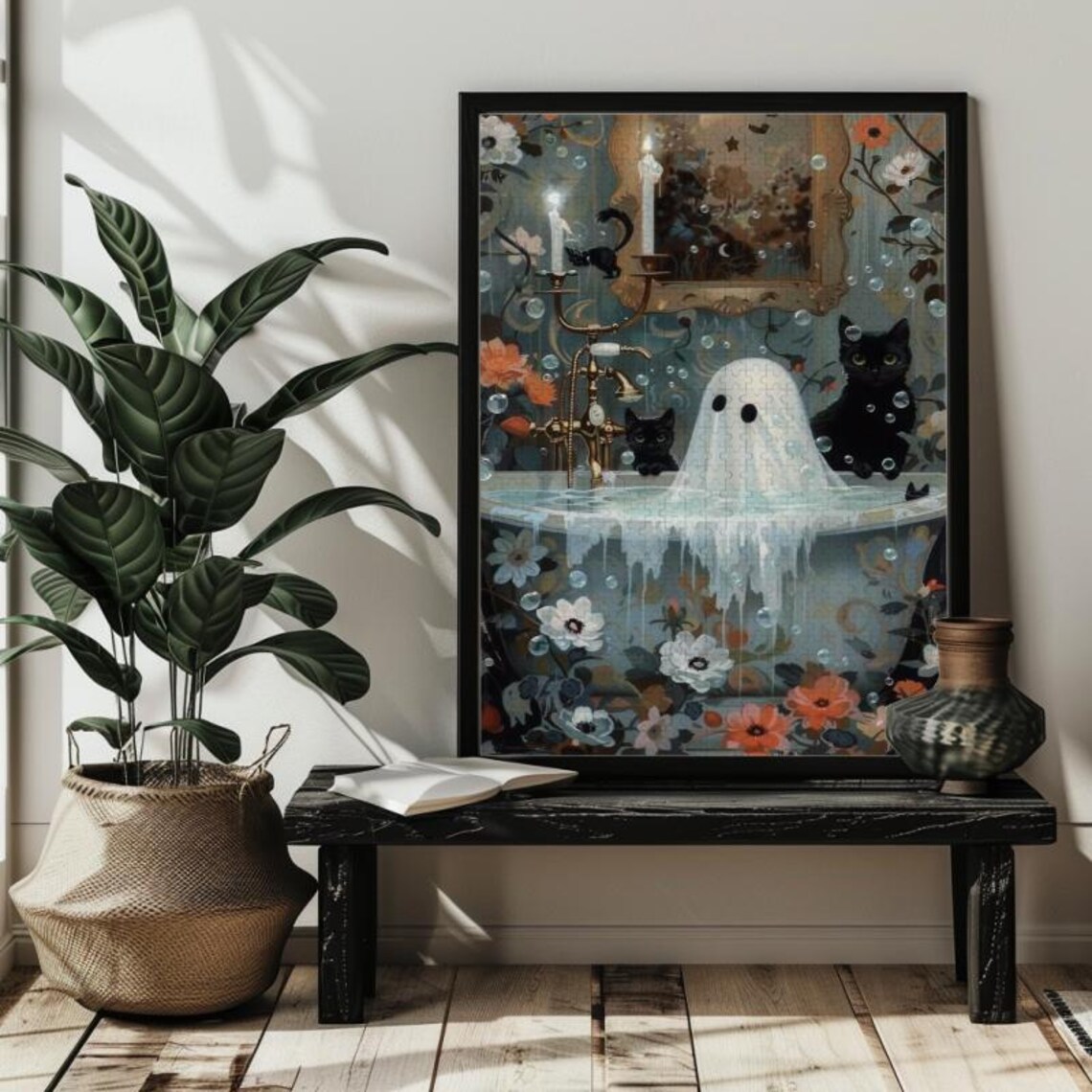 Ghost And Cat In Bathtub Halloween Art Print - Image 3