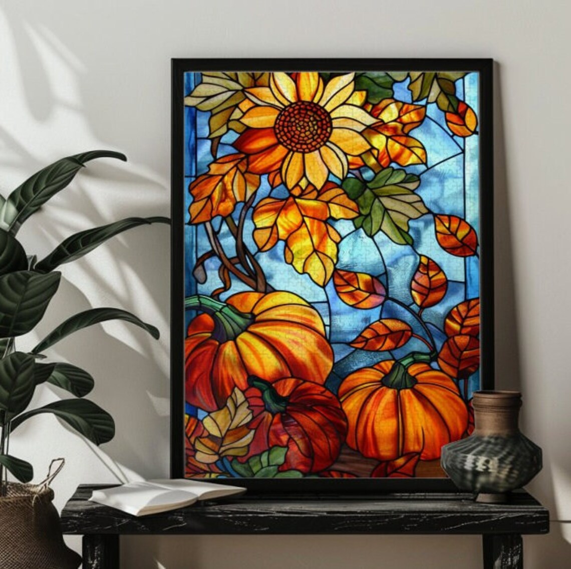 Stained Glass Fall Pumpkin Harvest Puzzle Art