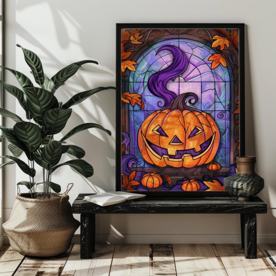 Halloween Stained Glass Pumpkin Jigsaw Puzzle Art Print - Image 3