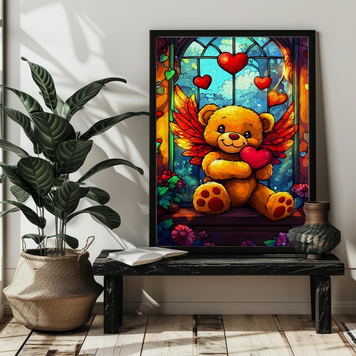 Teddy Bear Cupid with Heart and Arrow Stained Glass Love Poster - Image 2